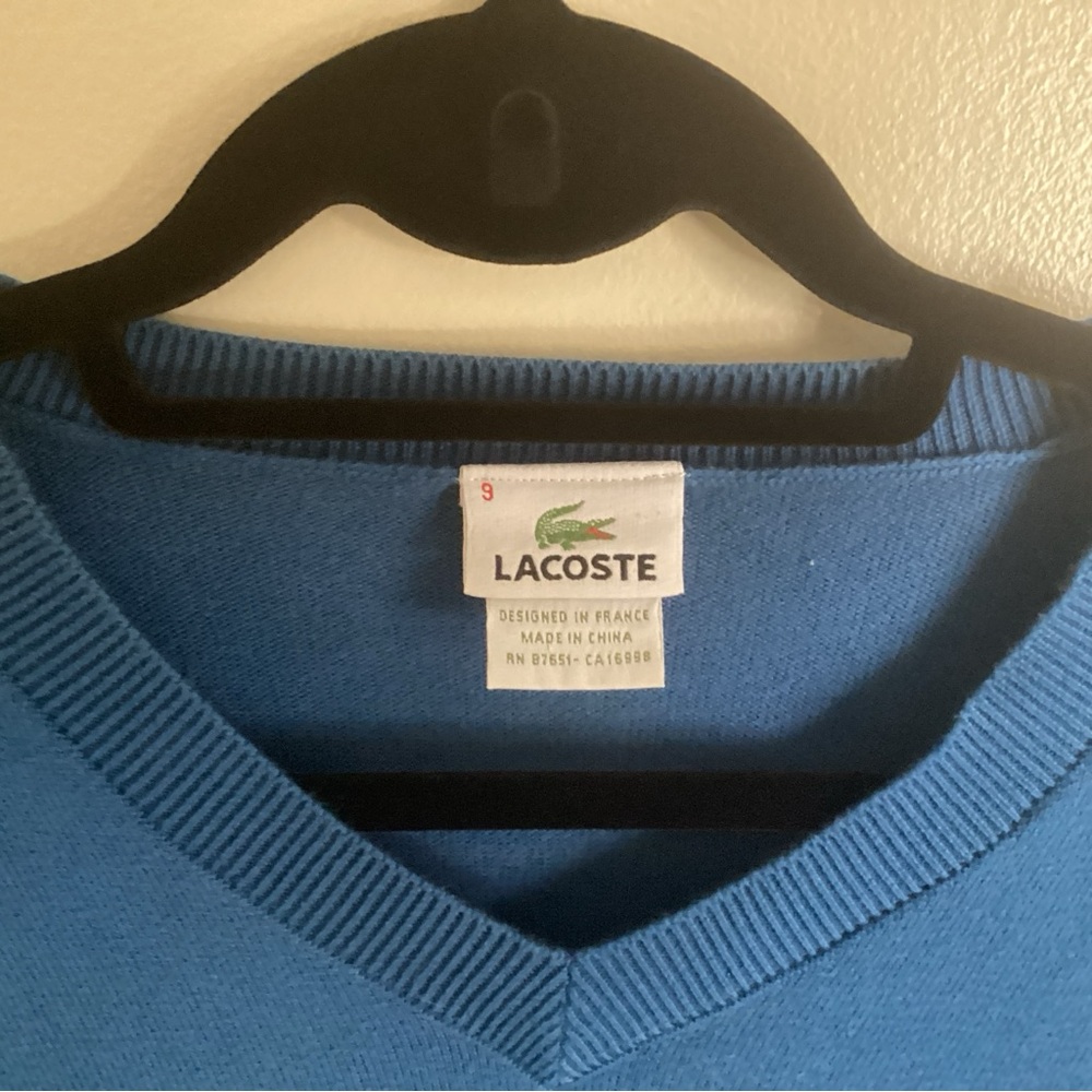 LACOSTE Knit Sweater Blue V-Neck Striped Alligator Logo Men's 4XL (Size 9) - Picture 2 of 6